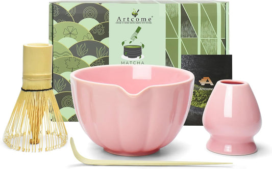 Artcome 4 Pcs Japanese Matcha Tea Set - Matcha Bowl with Pouring Spout, Matcha Whisk, Tea Scoop, Whisk Holder, Handmade Matcha Ceremony Kit For Japanese Tea Ceremony, Rose