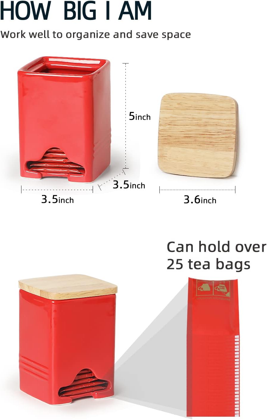Ceramic Tea Bag Storage Organizer Caddy Holder with Lid (Red)