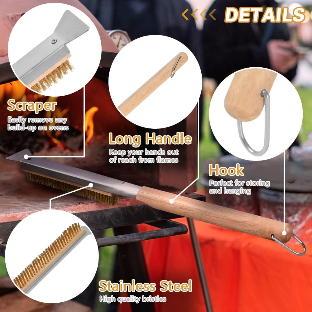 Pizza Oven Brush, 26" Brush and Stainless Steel Scraper for Pizza Stone, BBQ Grill Cleaning Brush Non Scratch Heat Proof Brass Bristles with Screwdriver, Outdoor Pizza Oven and Accessories