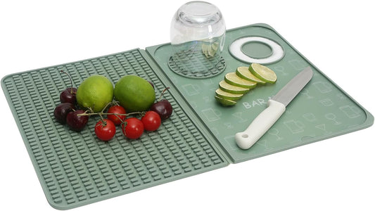 Foldable Bar Mat 18x12 inch - 3-in-1 Silicone Drying Mat with Removable Cutting Board & Rim Tray | Countertop Protector for Home, Outdoor, Travel | Professional Cocktail Accessories (green)