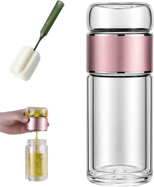 QUROXO 2025 New Tryteava Glass Infuser, Teava 3-In-1 Smart Tea Infuser with Cup Brush, Double-Layer Borosilicate Glass Tryteava Tea infusers Separation Cup (Pink, 350ml (12oz))