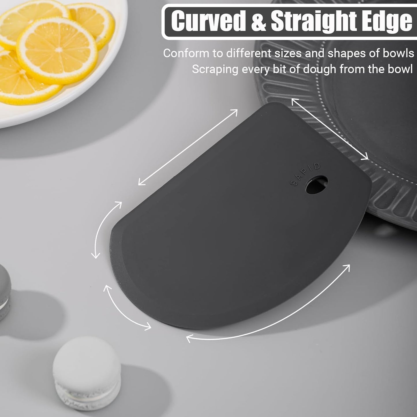 Silicone Dough Scraper with Stainless Steel Sheet, Curved Edge Flexible Bowl Scraper for Baking, Food Grade Silicone Bench Scraper for Sourdough Bread Proofing Basket, 5.98"×4.3", Dark Gray, SAPID