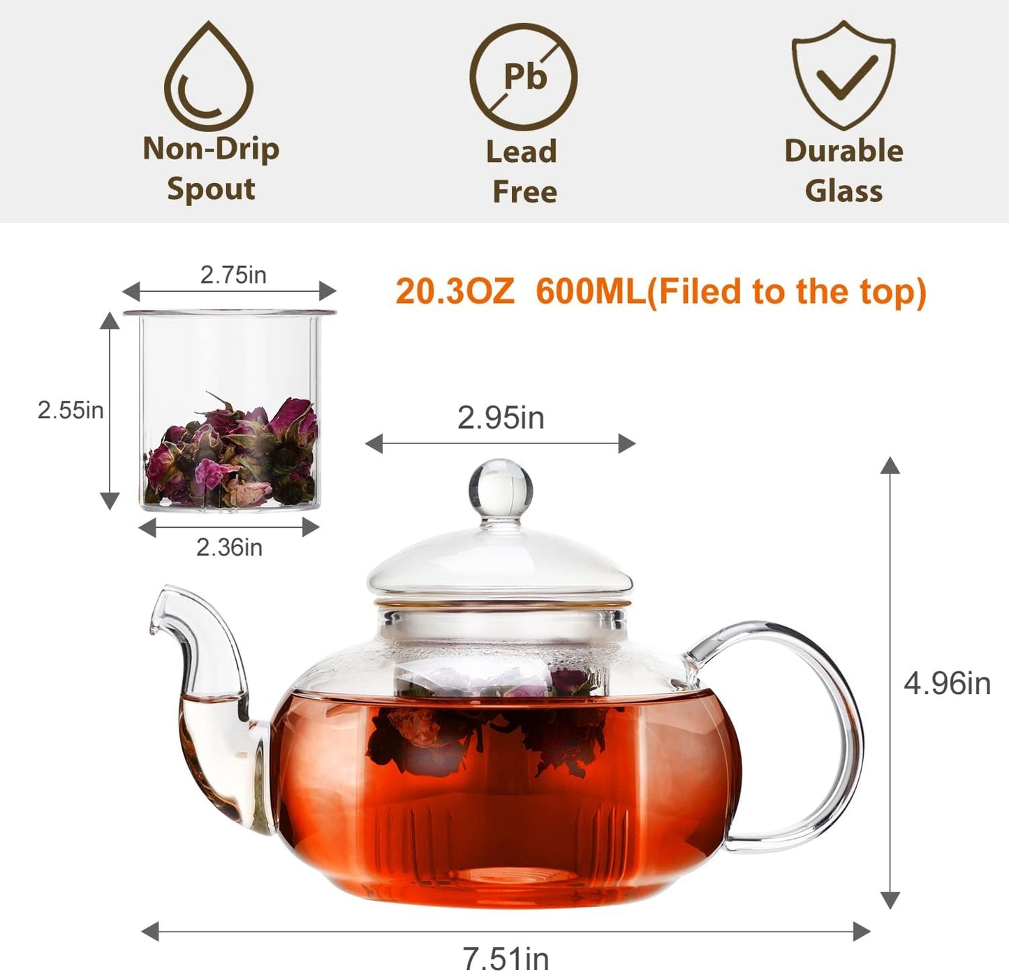CnGlass 33.8oz Glass Teapot with Removable Infuser,Stovetop Safe Tea Kettle with Glass Tea Warmer 5.3 in/13.5cm Diameter