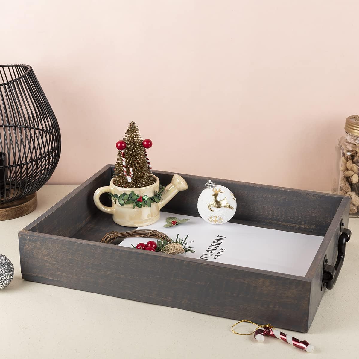 GoCraft Handmade Wooden Tray with Metal Handles – 15" x 11" x 2.5" Decorative Serving Tray in Grey Washed Finish – Versatile Tray for Breakfast in Bed, Lunch, Dinner, Appetizers, Coffee Table