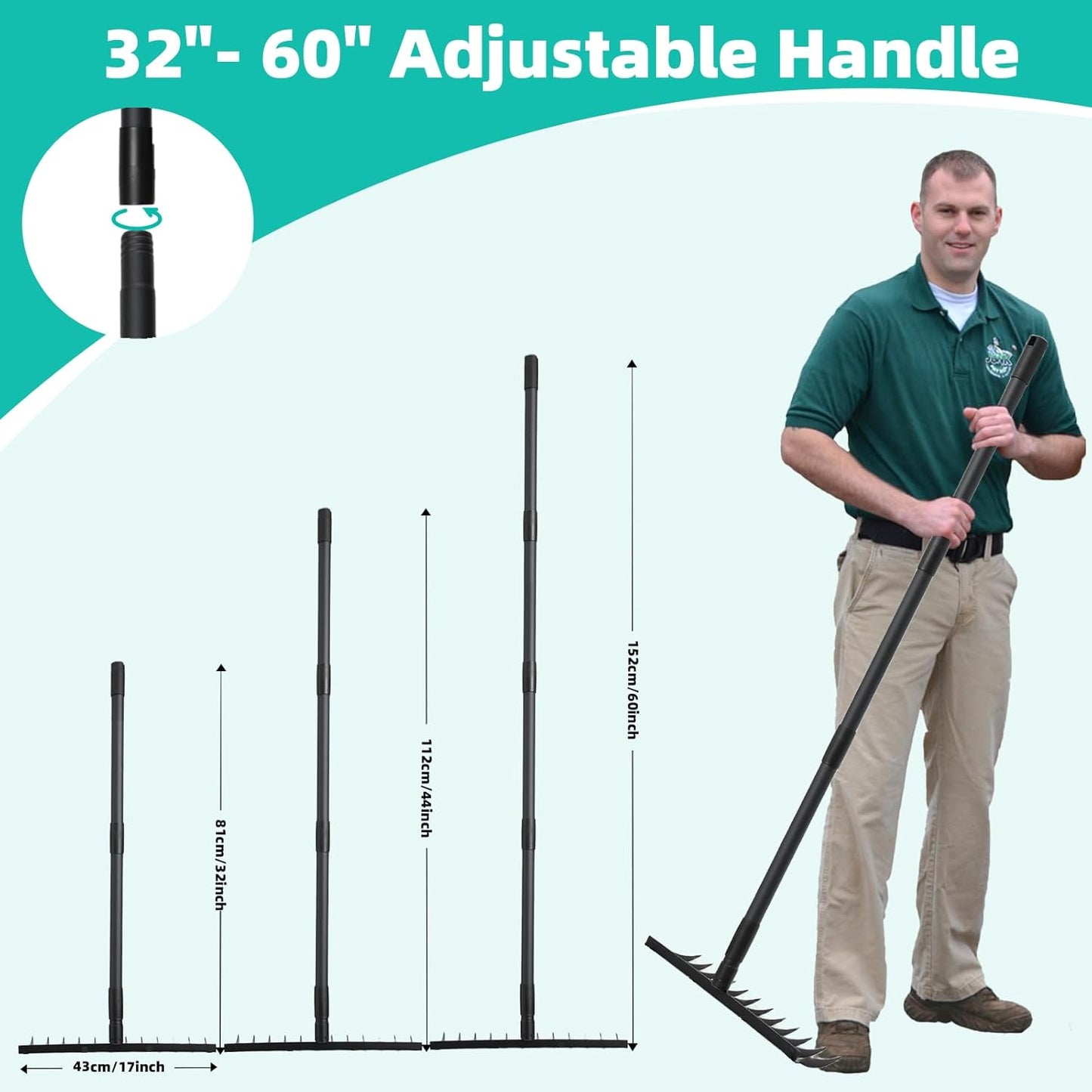 Bow Rake for Soil Leveling 60 Inch Heavy Duty Garden Tool with 12 Tines Adjustable Long Handle Thatch Rake for Gardening Loosening Soil Leveling Mulch Gathering Leaves, Black