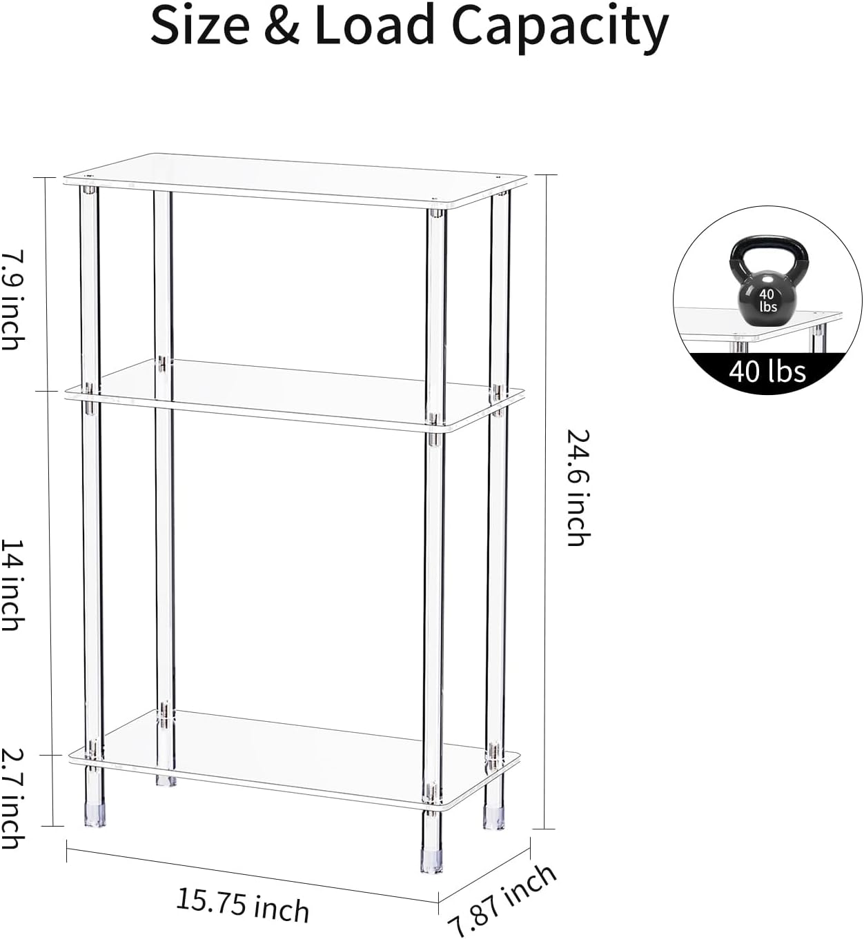 Clear Acrylic Narrow Side Table Set of 2 for Small Spaces, 15.75" L x 7.87" W x 24.6" H, 3 Tier Rectangle Slim End Table Nightstand, Small Bedside Table for Bedroom, Bathroom, Living Room