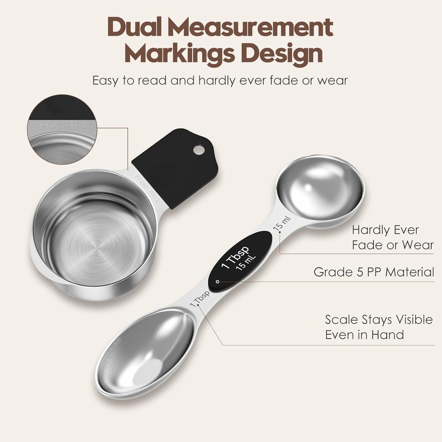 Magnetic Measuring Cups and Spoons Set - 304 Stainless Steel | Dual-sided Design | Set of 15 with Leveler | Strong N52 Magnetic Nesting Design | for Dry & Liquid Ingredients (Black)