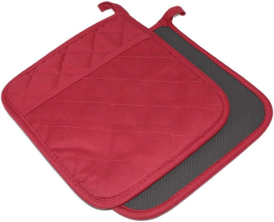 Cotton and Neoprene Oven Pads Pot Holders with Pocket 8"x8.5" Dual-Function Hot Pad Set for Finger Hand Wrist Protection Heat Resistant to 428°F Red