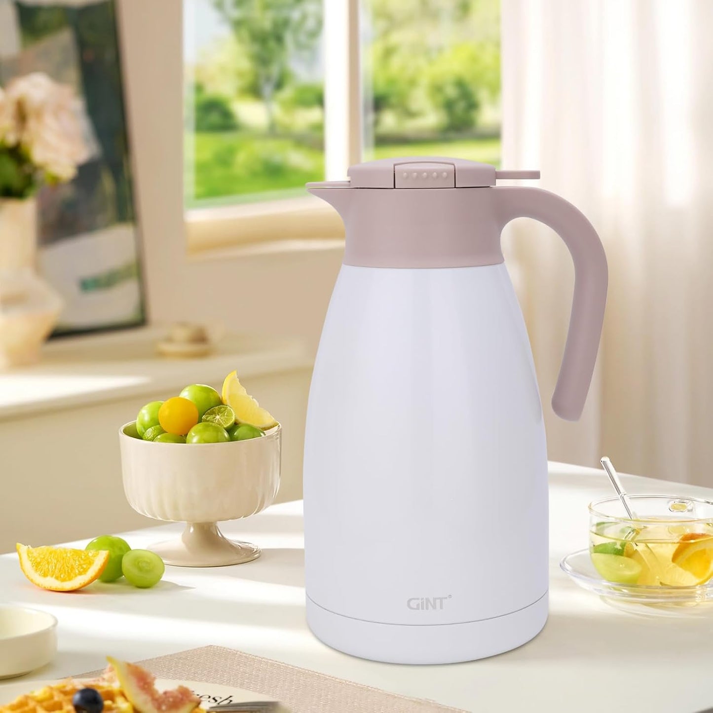GiNT 2.2L / 74Oz Thermal Coffee Carafe, Insulated Stainless Steel Coffee Carafes for Keeping Hot/Double Walled Vacuum Thermal Carafe (White)