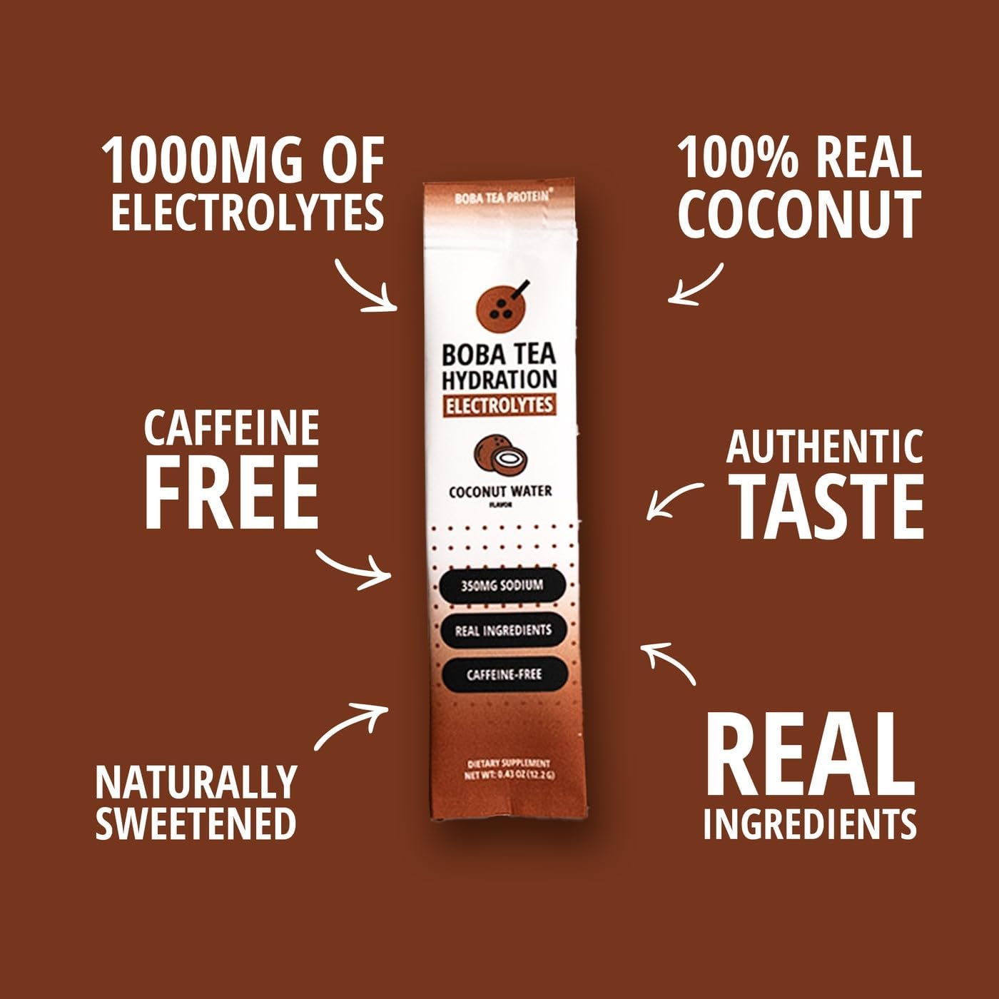 Boba Tea Hydration | Electrolyte Powder Drink Mix | Coconut Water | 1000mg Electrolytes, Vitamin C | 16 Stick Packets