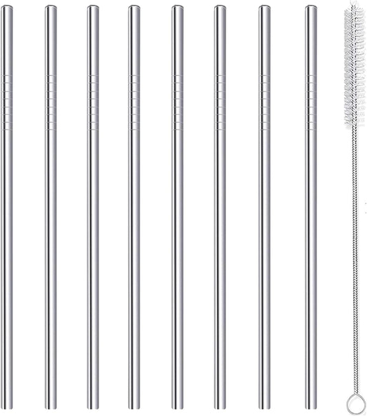 Stainless Steel Straws Metal Reusable Drinking Straw for Juice Iced Coffee Cold Beverage Water Highball Glasses 20oz Tumblers Mugs Cups, 0.24" 6mm Wide 215mm Long, Set of 8 with Brush, Silver