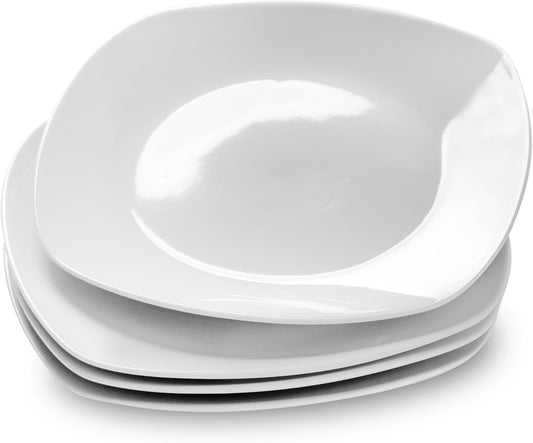 fMBB Ceramic White Dinner Plates Set of 4, Porcelain Square 7.5 inch Dessert Dishes, Serving Flat Plates Salad Dishes - Scratch Resistant, Dishwasher, Microwave, Oven Safe