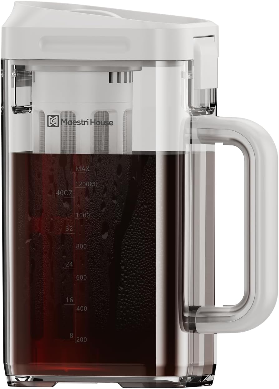 Maestri House Compact Cold Brew Coffee Maker, 40oz Iced Tea and Coffee Maker Brewer Space Saving Tritan Pitcher, 350 Mesh Filter, 100% Leak-Proof