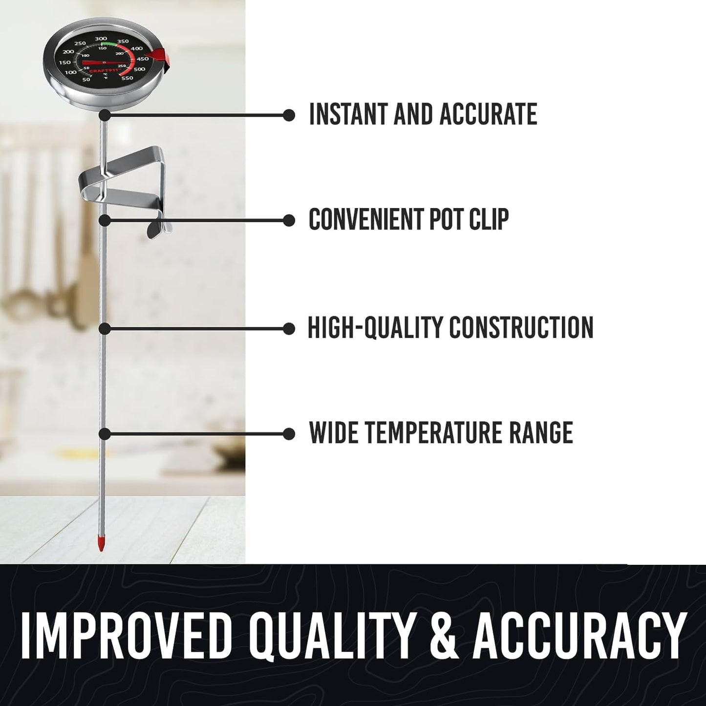 Candy Thermometer with Pot Clip - Deep Fry Oil Thermometer for Frying and Candle Making - Black