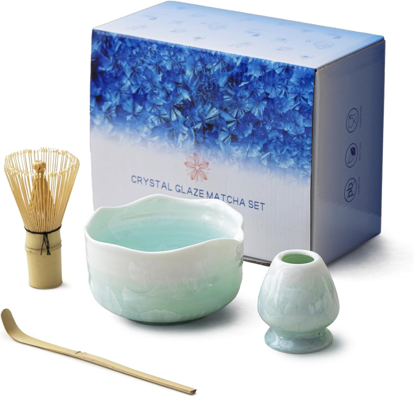 Natural Crystal Flower Matcha Set - 4 Pcs Food Grade Matcha Kit with Spouted Bowl, Matcha Whisk, Scoop and Chasen Holder - Matcha Tea Ceremony Gift for Matcha Lovers (Pine Shadow)