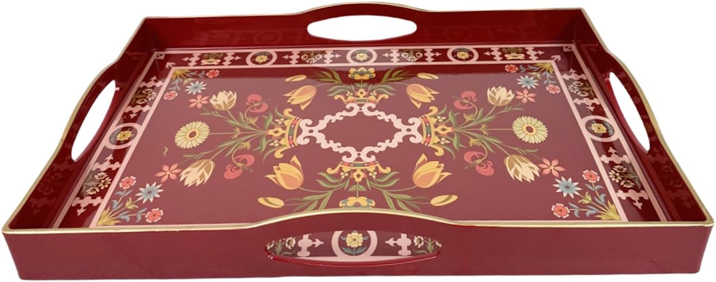 Boho Red Decorative Tray, Serving Tray with 4 Handles, Plastic Tray for Coffee Table, Ottoman - Ideal for Living Room & Bathroom. 15” x 11” x 1.9”