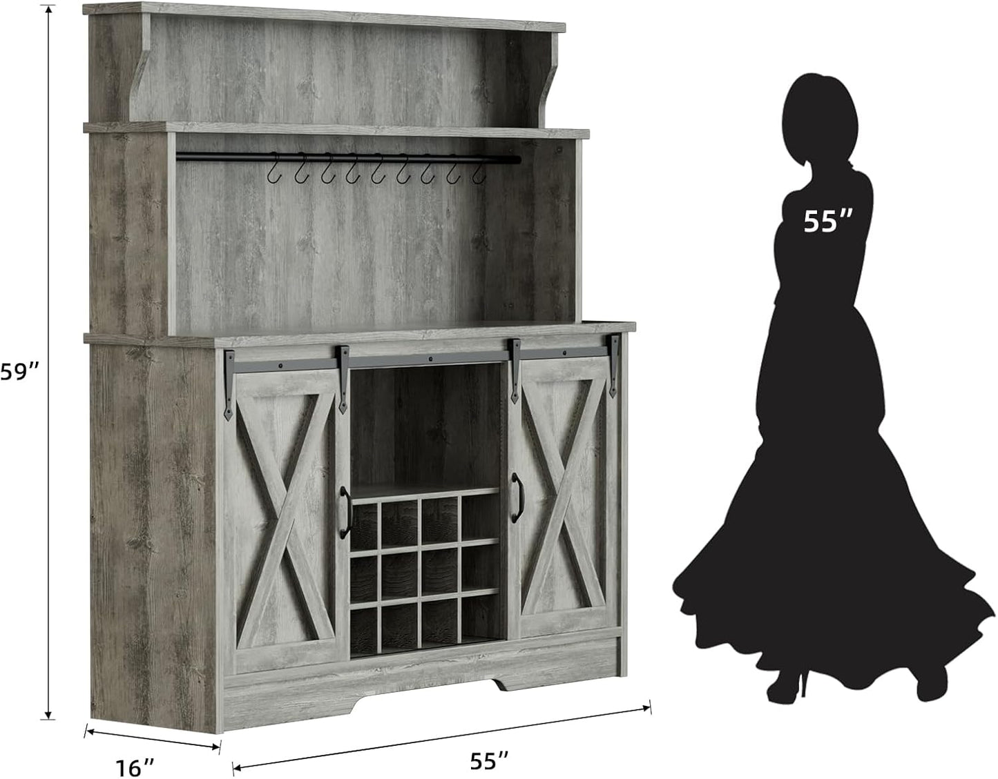 55'' Farmhouse Coffee Bar Cabinet with 3 Tier Storage Hutch, Coffee Bar Station with Sliding Barn Door, Hutch Storage Cabinet with 12 Wine Racks & 9 Hooks for Kitchen Dining Living Room