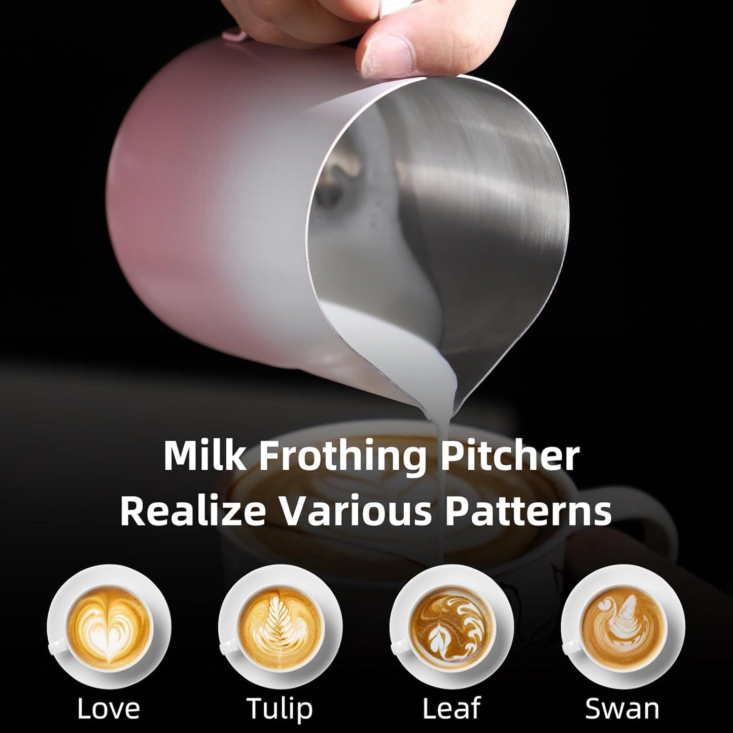 600ml Pink Milk Frothing Pitcher – Stainless Steel Latte Art Coffee Cup with Measurement Markings, Espresso Steaming Jug, Food-Grade & Heat-Resistant for Barista & Home Brewing (Pink white-600ml)