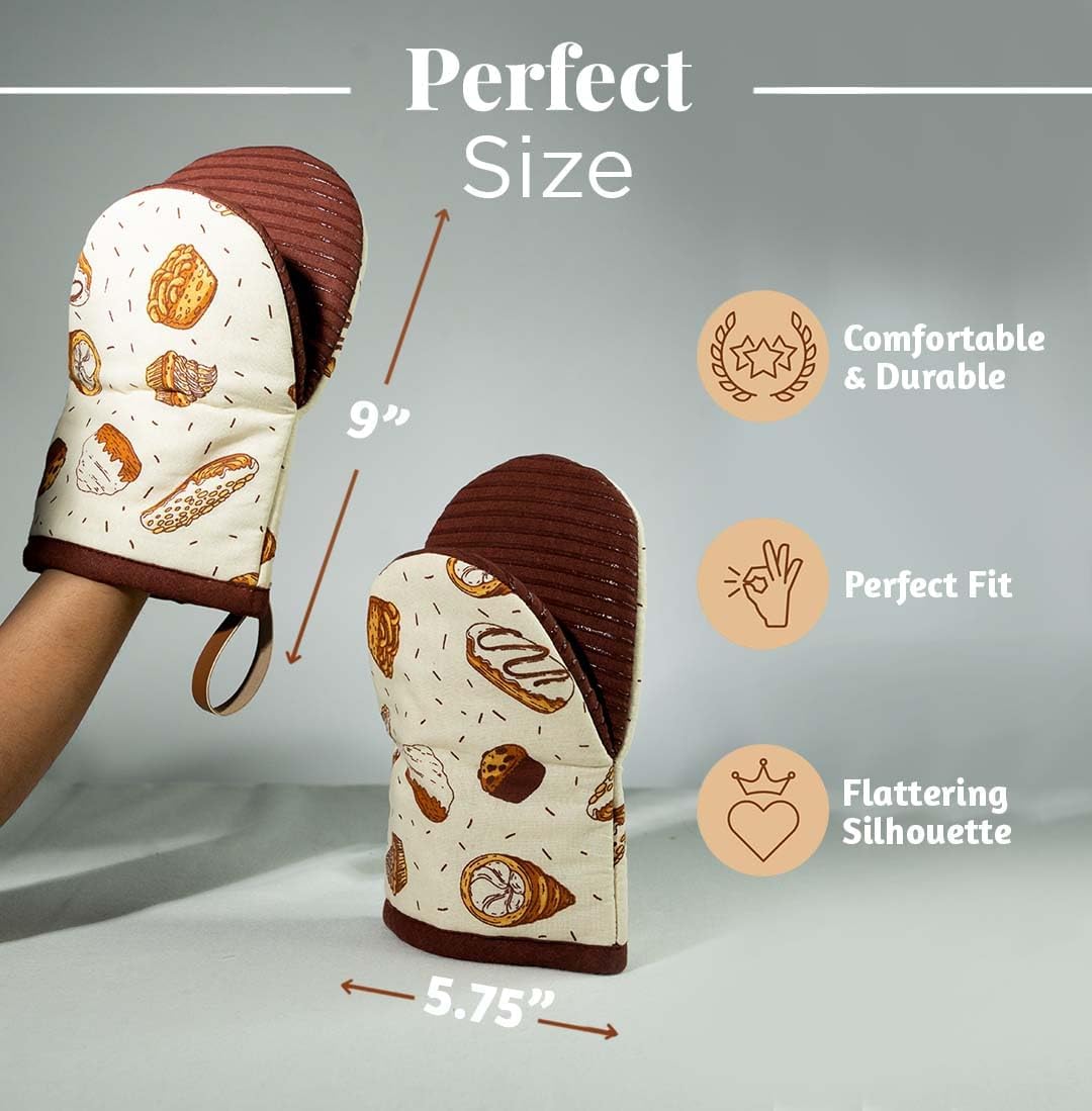 Folkulture Mini Oven Mitts Heat Resistant | (5.75 x 9) Set of 2 Short Oven Mitts with Hanging Loop | 100% Cotton Oven Gloves or Kitchen Mittens | Small Silicone Oven Mits or Baking Accesories