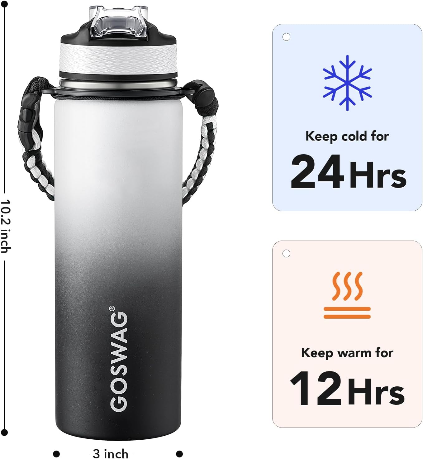 GOSWAG Insulated Sports Water Bottle, 24oz 2 Lids(with Straw/No Straw), Stainless Steel Water Bottles with Paracord Handle, Insulated Bottle with Double-Wall Vacuum Insulation