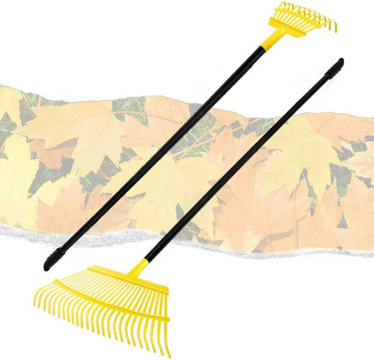 Garden Leaf Rake 2 Pack, 11+25 Tines Metal Leaf Rake with Adjustable Handle, Heavy Duty Lawn Yard Rakes Set for Leaves, Grass, Shrubs, Debris, Pine Needles, Garden Cleanup Tools for Backyard