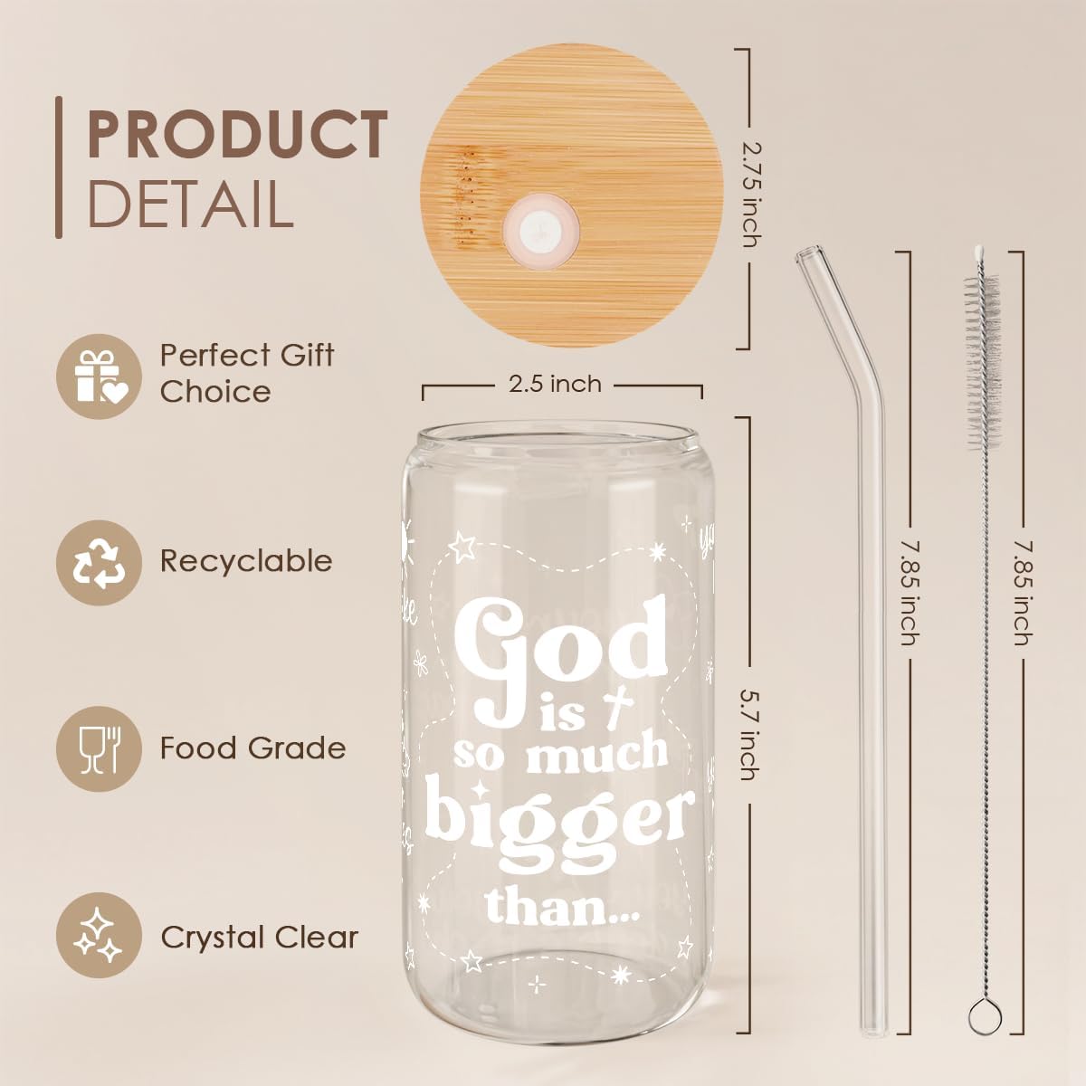 Christian Inspiration16oz Can Glass Tumbler with Bamboo Lid & Straw, Inspirarional Iced Coffee Cup for Women Girls, Religious Gift for Birthday Christmas