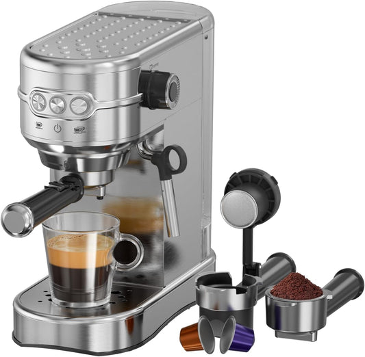 Espresso Machine - 20Bar Coffee Maker with Foaming Steam Wand: 1450W Compatible for Original Capsule & Ground, Single-Serve Espresso Maker with 35Oz Removable Water Tank for Latte, Kitchen