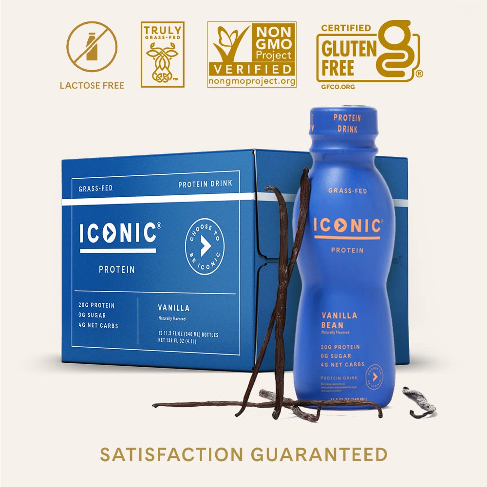 Iconic Protein Drinks, Vanilla Bean (12 Pack) - Sugar Free & Low Carb - 20g Grass Fed Protein - Lactose Free, Gluten Free, Non-GMO, Kosher - Keto Friendly Protein Shakes