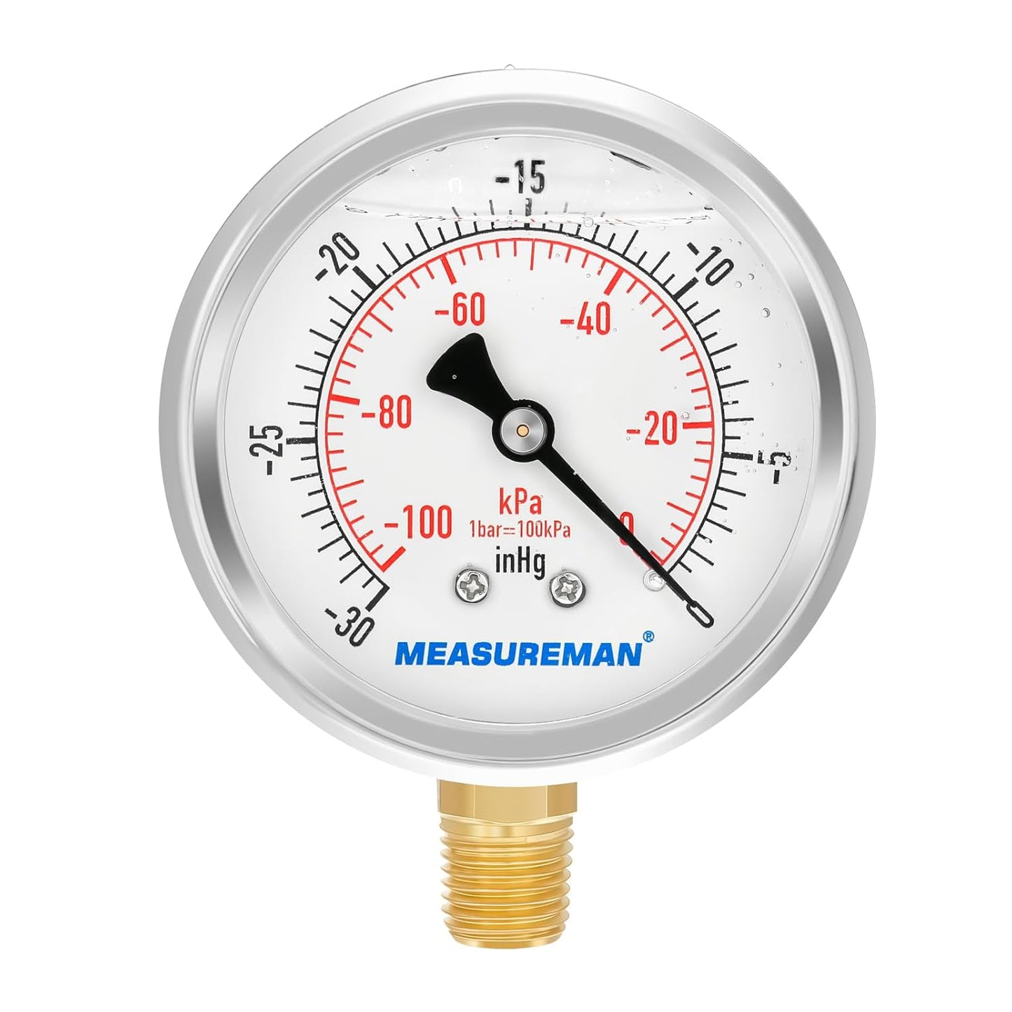 MEASUREMAN 2-1/2" dial,Glycerin Filled, Stainless Steel case, Brass Inside, 30inHg/-100kpa-0,1/4" NPT Lower Mount
