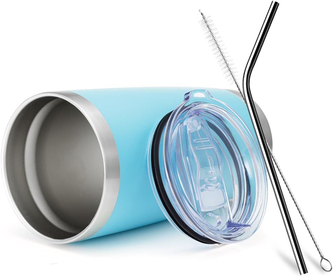 COMOOO 20oz Double Wall Vacuum Insulated Travel Mug Bulk Stainless Steel Tumbler with Lid and Straw Durable Powder Coated Insulated Coffee Cup for Cold & Hot Drinks (Light Blue, 12 pack