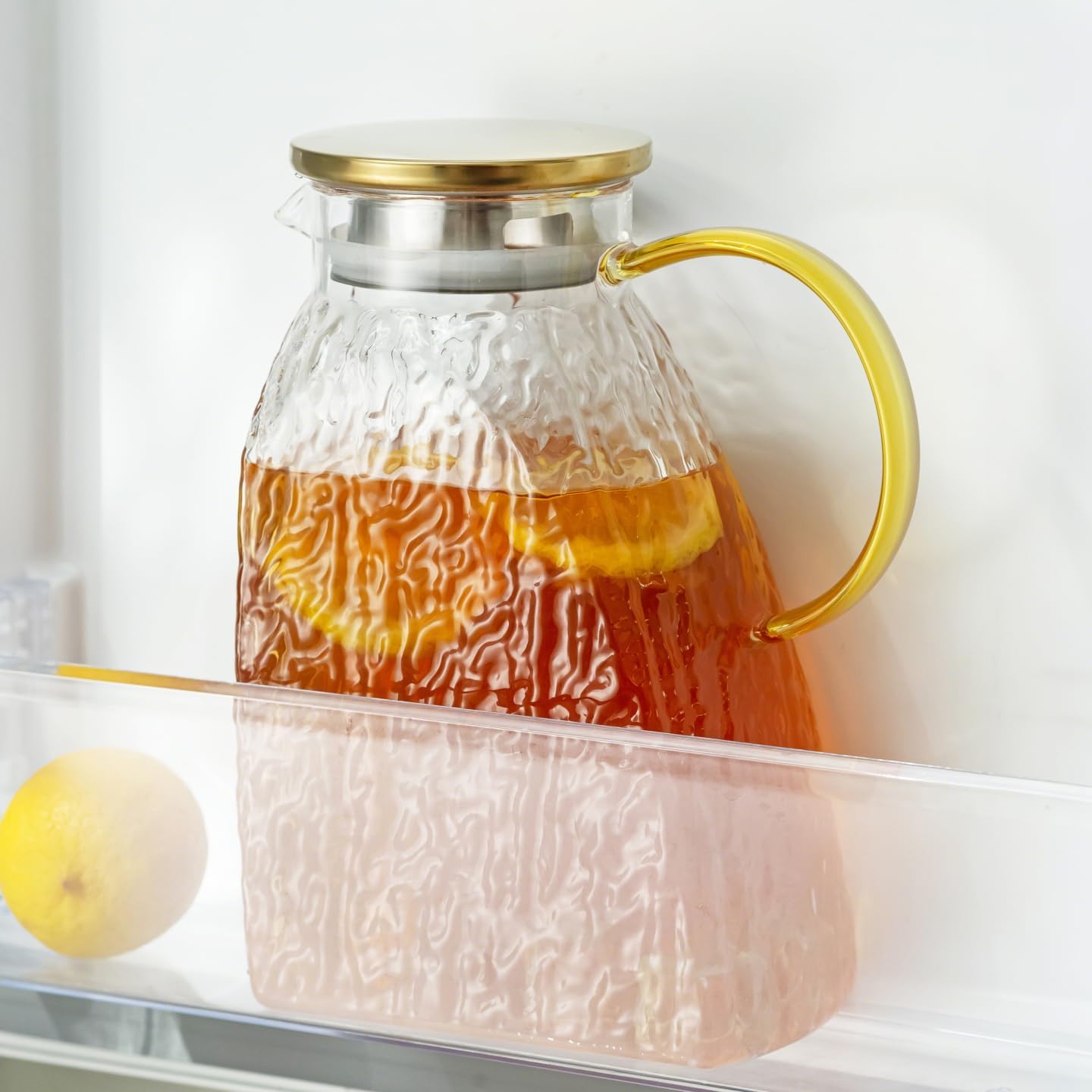 Baffect Water Pitcher, Glass Pitcher With Lid And Handle, 63 Oz / 1.8 L High Borosilicate Glass Jug For Fridge Door, Carafe For Hot/Cold Iced Tea Juice Coffee Milk Beverage （Glacier-Textured）