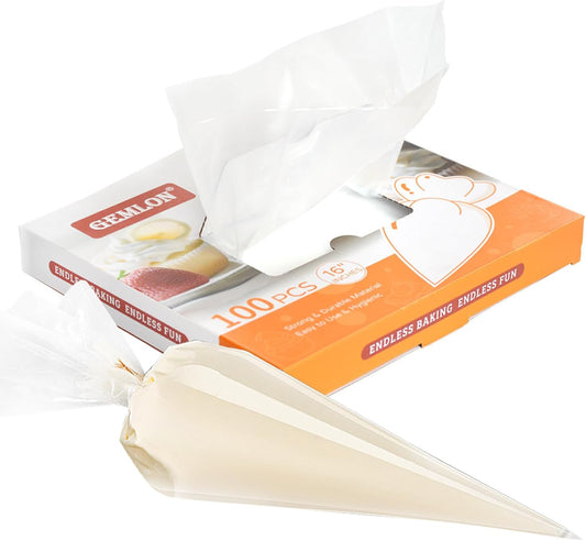 GEMLON 16 Inch Disposable Piping Bags with Pull-Out Dispenser Box - 100 Pack Large Pastry Bags for Cake Decorating, Anti-Burst Plastic Icing Bags for Frosting, Chocolate, Cookie Decorating Supplies