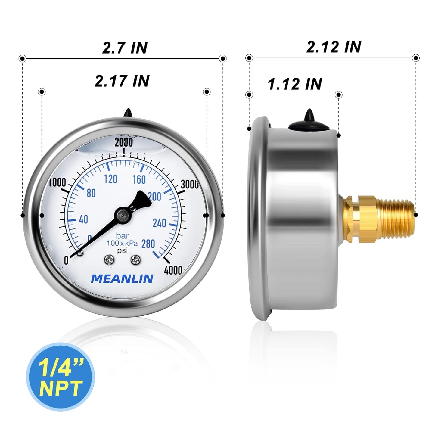 MEANLIN MEASURE 0~4000Psi Stainless Steel 1/4" NPT 2.5" FACE DIAL Liquid Filled Pressure Gauge WOG Water Oil Air Center Back Mount, with 1/4" x 1/2" NPT and 1/4" x 3/8" NPT Hex Bushing