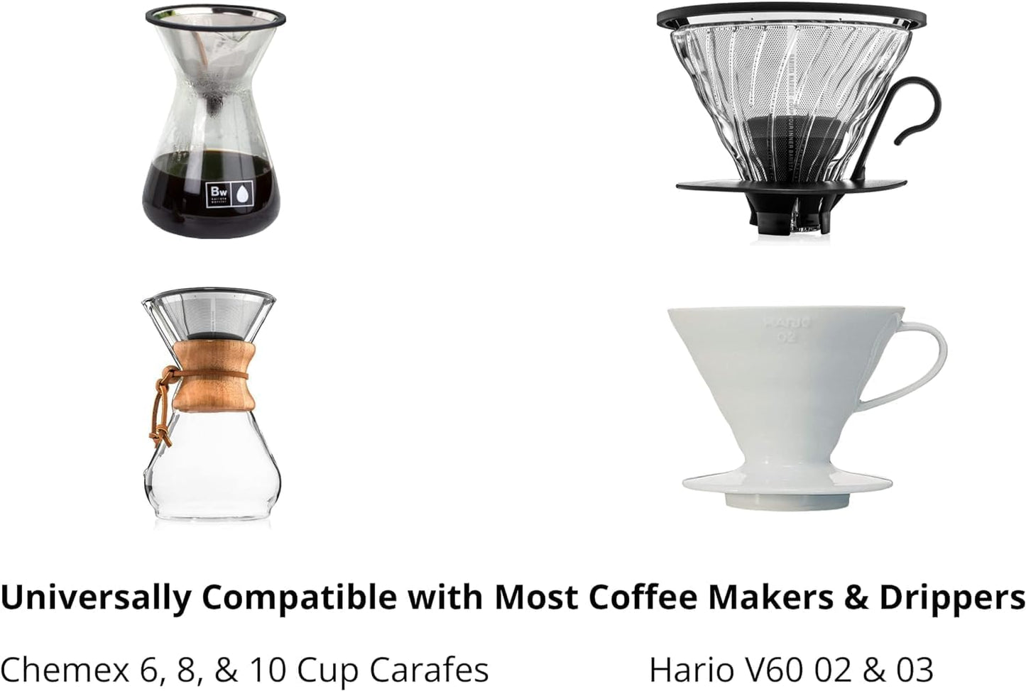 Barista Warrior Compatible for Chemex & Hario V60 Pour Over Coffee Filters - Reusable Stainless Steel - Best Coffee Maker and Bar Accessories (Silver)