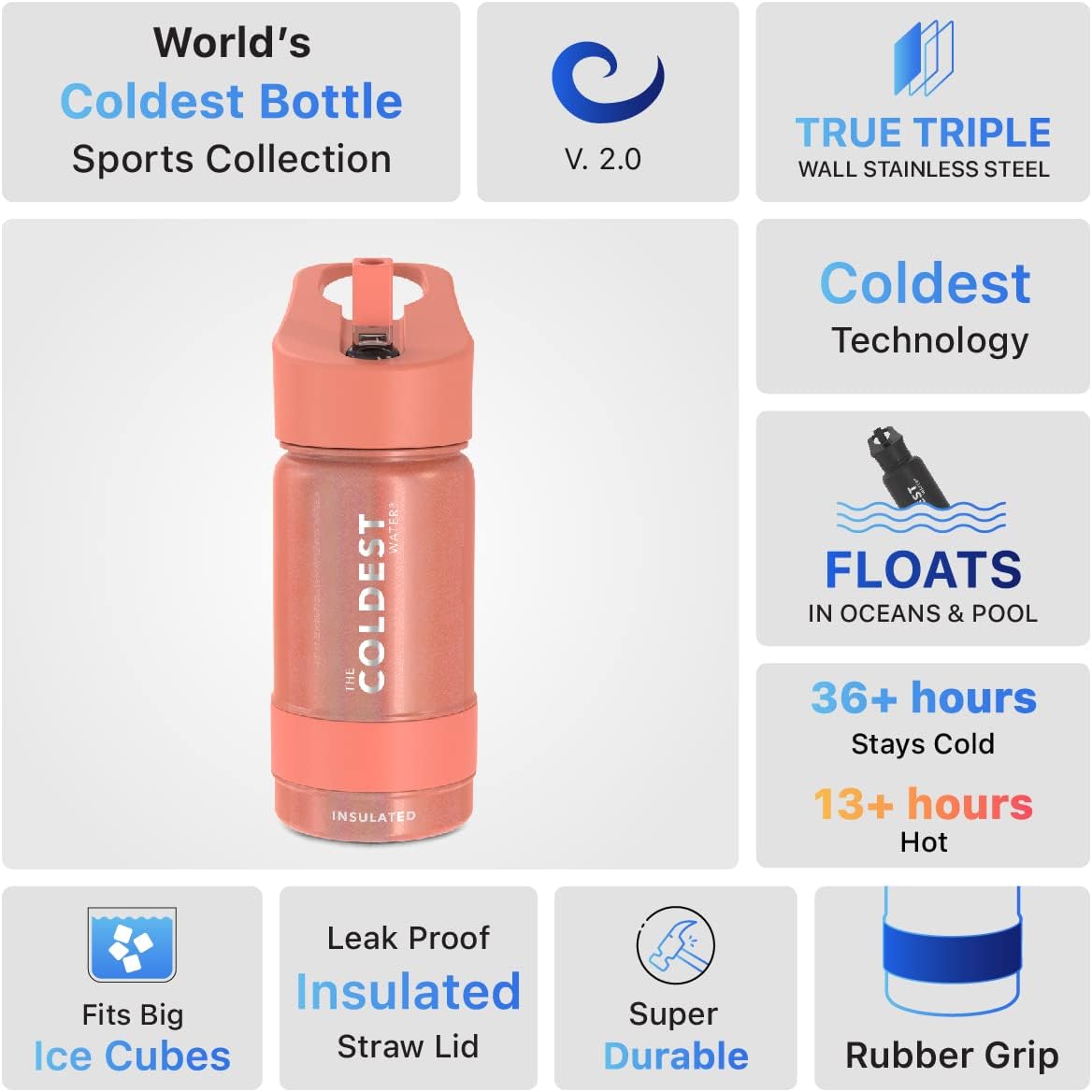 Coldest Insulated Water Bottle with Straw Lid - Stainless Steel Metal Insulated Bottle for Men & Women (Pink Froze Glitter, 14 oz)