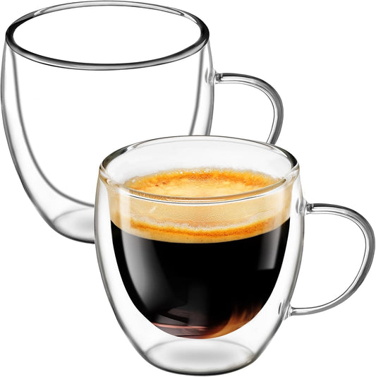 Glass Coffee Cups Set of 2, 8.5oz Double Walled Glass Mugs with Handles, Clear Insulated Coffee Mug Espresso Cups, Cappuccino Latte Tea Cups Set, Heat Resistant Borosilicate Clear Glasses