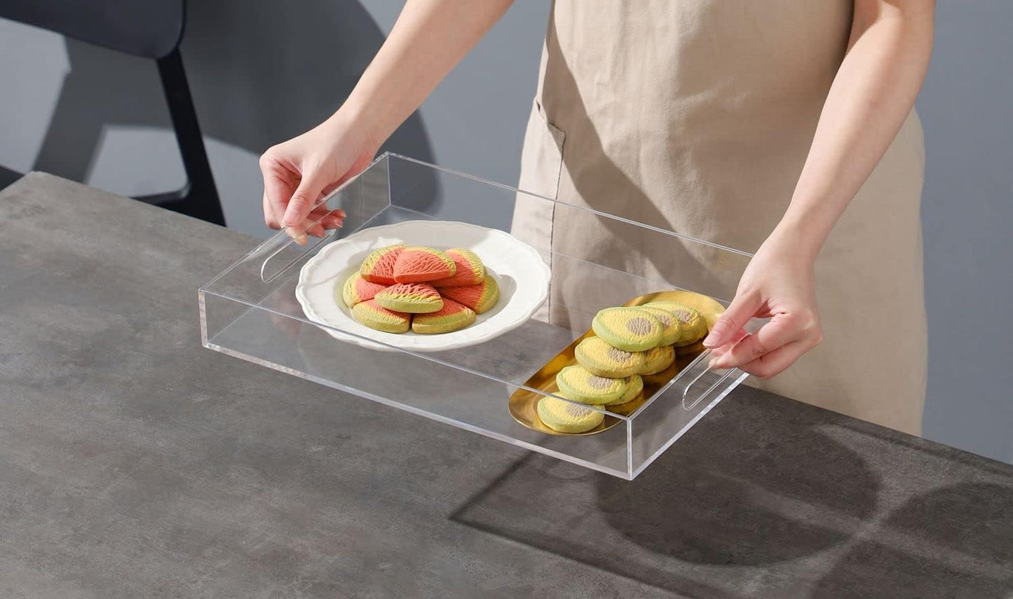 Clear Sturdy Acrylic Serving Tray with Handles-10x15Inch-Serving Coffee,Appetizer,Breakfast,Butler-Kitchen Countertop Tray-Makeup Drawer Organizer-Vanity Table,Ottoman Tray-Decorative Tray