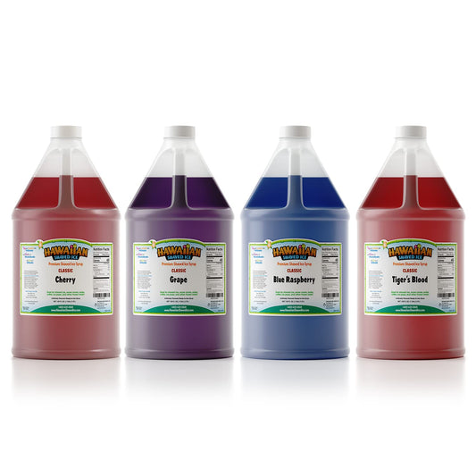 Hawaiian Shaved Ice Syrup Gallon 4-pack, Cherry, Grape, Blue Raspberry & Tiger’s Blood, for Slushies, Italian Soda, Seltzers, Popsicles, & More, No Refrigeration Needed, Allergy-friendly
