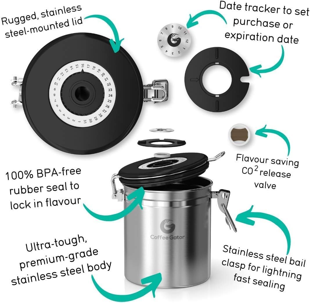 Coffee Gator Coffee Canister, 16oz Airtight Stainless Steel Kitchen Food Storage Container with Date Tracker, Scoop for Sugar,Grounds Coffee, Beans,Tea, Sugar, Cereal, Flour, Cookies Jars - Orange