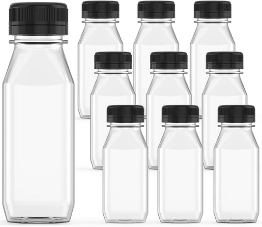 10 Pcs 8 oz Plastic Juice Bottle Reusable Transparent Bulk Beverage Containers with Black Lids for Juice, Drinking Milkshake Tea, Milk, Juicing Smoothie Water and Other Beverages, Fridge Storage