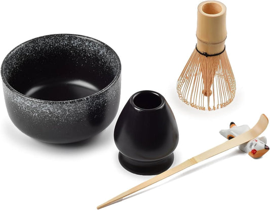 Matcha Tea Set, Matcha Accessories, Matcha Whisk Set Included Matcha Bowl, Bamboo Matcha Whisk, Scoop, Matcha Whisk Holder, Spoon Stand, Japanese Matcha Set for Beginners, Black