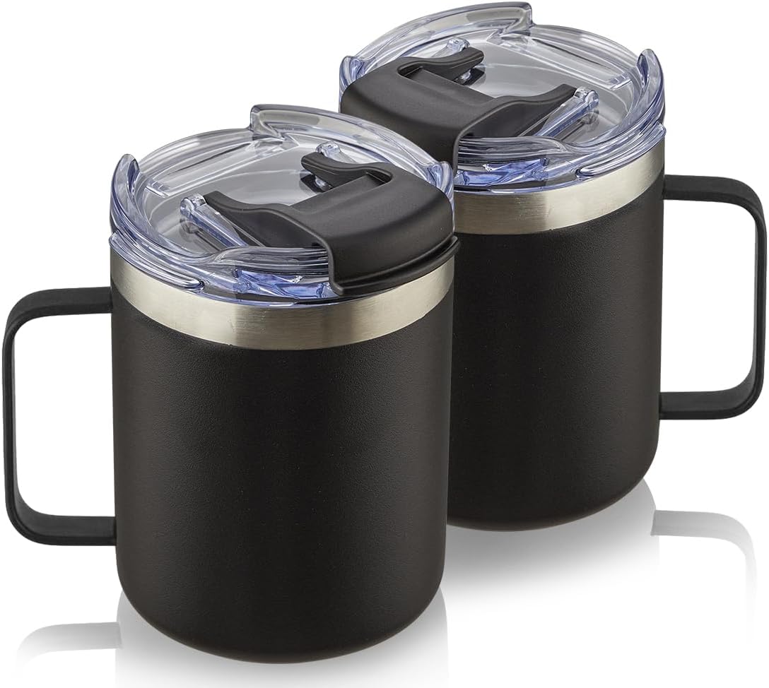 ALOUFEA 12oz Stainless Steel Insulated Coffee Mug with Handle, Double Wall Vacuum Tumbler Cup with Fliping Lid, Black, 2 Pack
