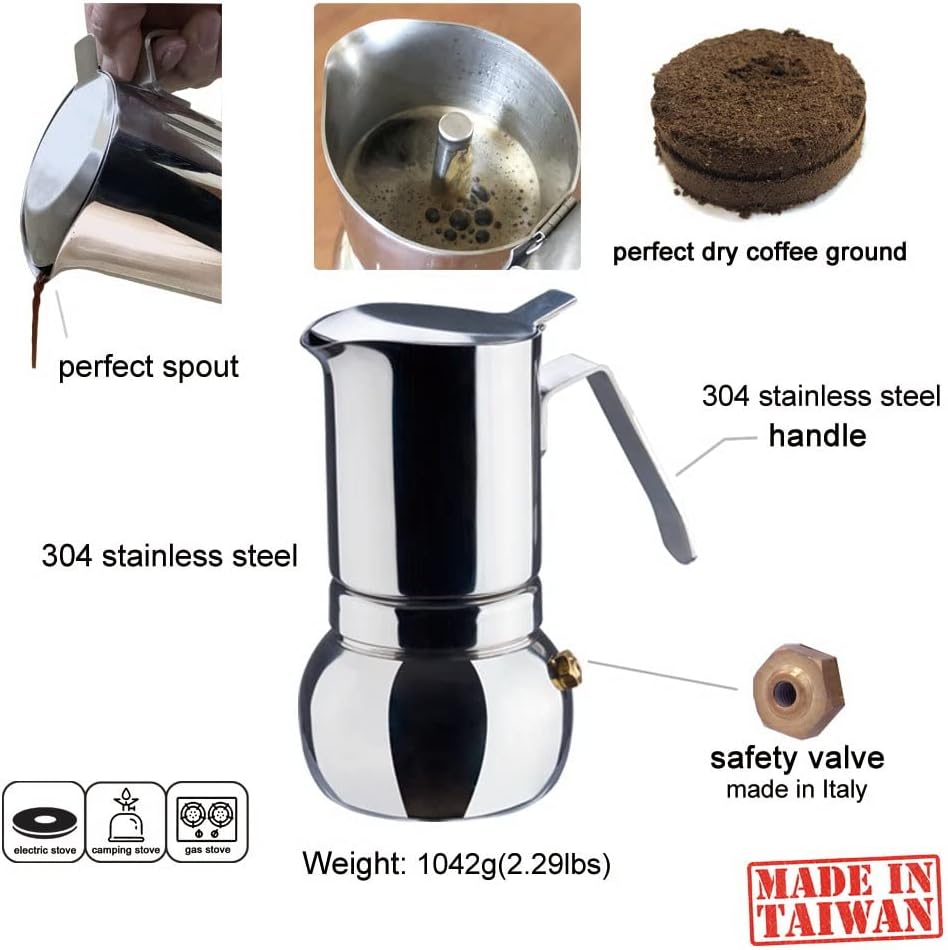 DÉBUT Stainless Steel Italian Espresso Coffee Maker Stovetop Moka Pot Greca Coffee Maker Latte Cappuccino Percolator, 8 Espresso Cup - 16.9 Oz