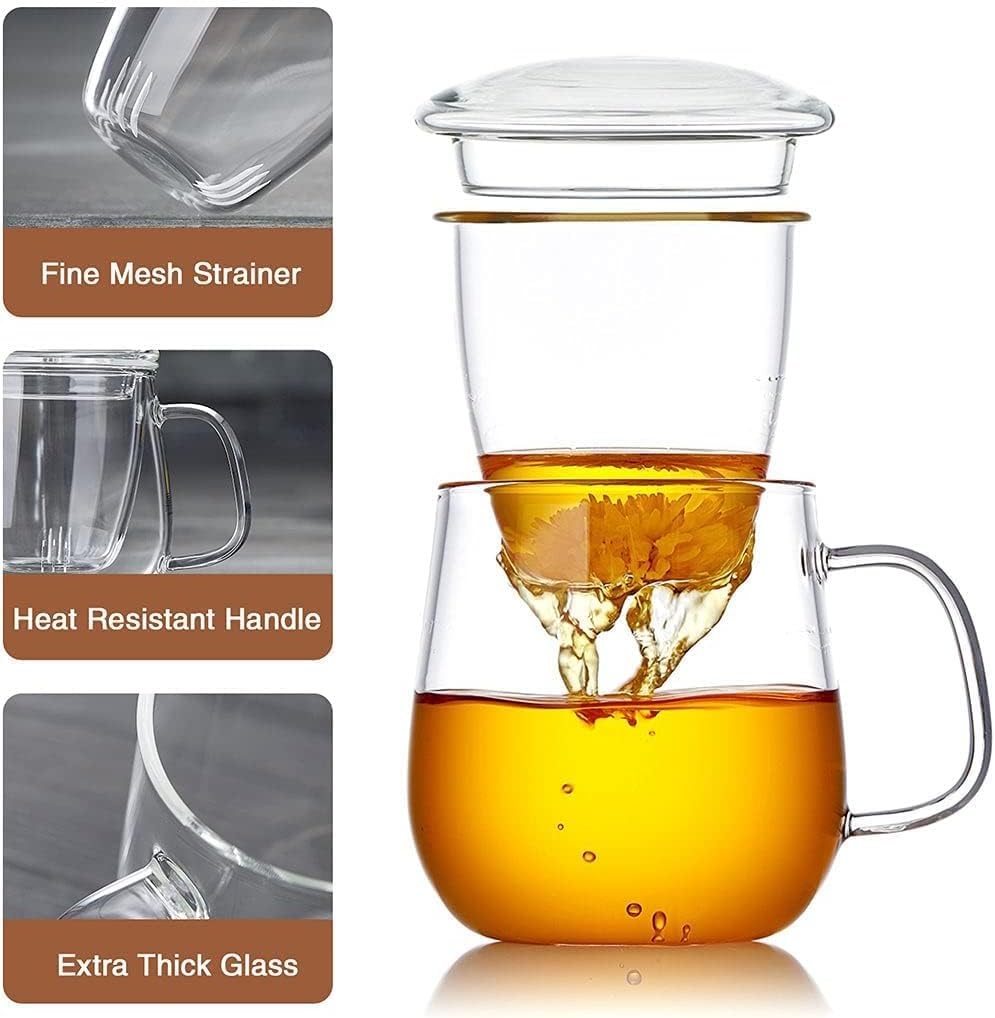Glass Teacups 4 Pack Glass Tea Cup with Infuser and Lid, 17.6oz/520ml Large Borosilicate Teacup,Tea Clear Mug Cup for Loose Leaf Blooming Tea, Microwave & Dishwasher Safe
