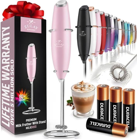 Zulay Powerful Milk Frother (4 Duracell Batteries Included) - Handheld Milk Frother Wand Drink Mixer for Coffee - Powerful Milk Foamer for Cappuccino, Frappe, Matcha & Creamer - Cotton Candy