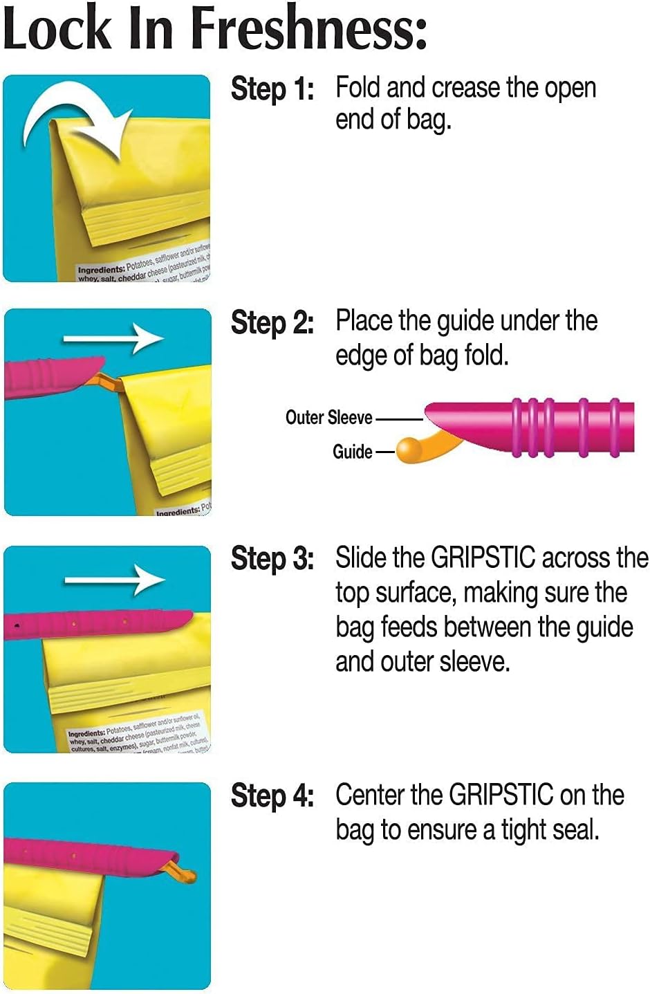 GRIPSTIC Bag Sealer - Reusable Chip Bag Clips. Patented. Airtight & Waterproof Seal on Food Storage Bags, Kids Snacks & More. Near Zero Waste. 12ct Large