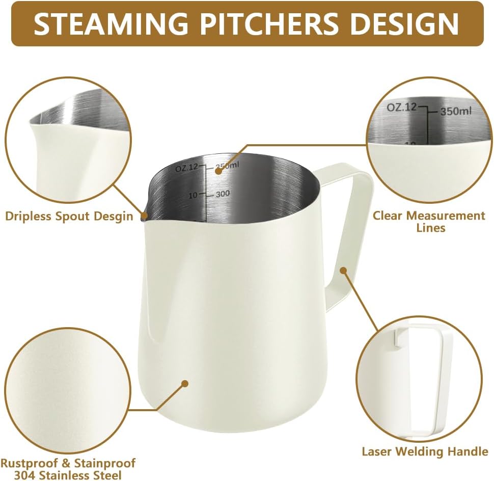 Frothing Milk Pitcher, 12 oz/350 ml Stainless Steel Frothing Milk Jug with Latte Art Pen,with Internal Measurements, for Cappuccino, Espresso and More（white）