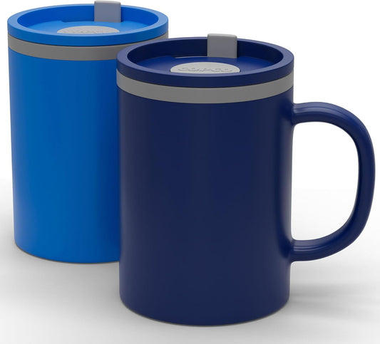 Copco Iconic 16oz Double Wall Insulated Desk Mug with Lid and Handle, Set of 2, BPA-Free Reusable Plastic, Spill-Proof, Microwave & Dishwasher Safe, Wide Mouth, Cup Holder Friendly (Navy/Blue)