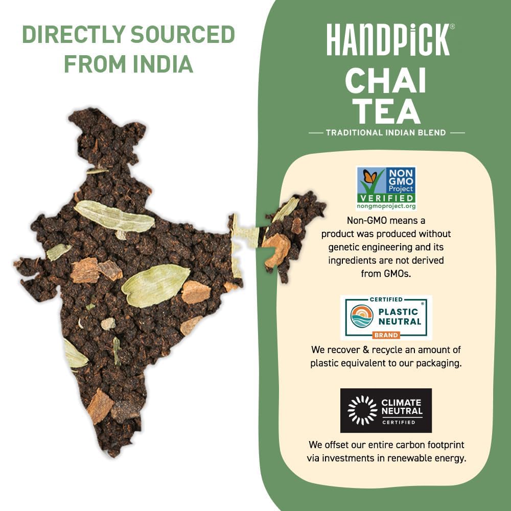 HANDPICK Masala Chai Tea Bags (100 Count) Strong Robust & Aromatic, Blended with Exotic Spices, Cinnamon, Black Pepper, Cloves & Cardamom - Premium Quality Eco-conscious Round Bags