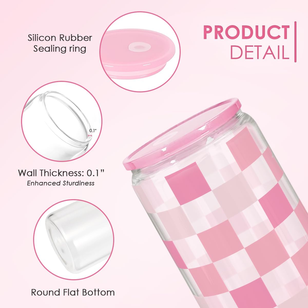 Checker 16 Oz Can Glass Tumbler with Acrylic Lid and Straw - Iced Coffee Cups for Women, Aesthetic Glass Cup Gift for Birthday Christmas